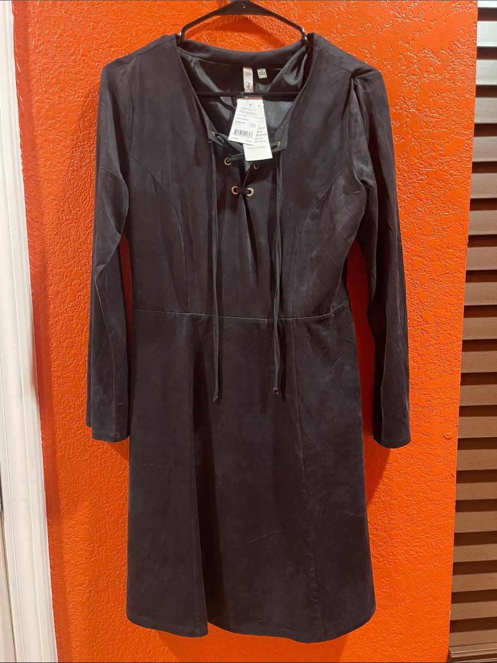 NY Collection Black Long-Sleeve Lace-Up Suede Dress